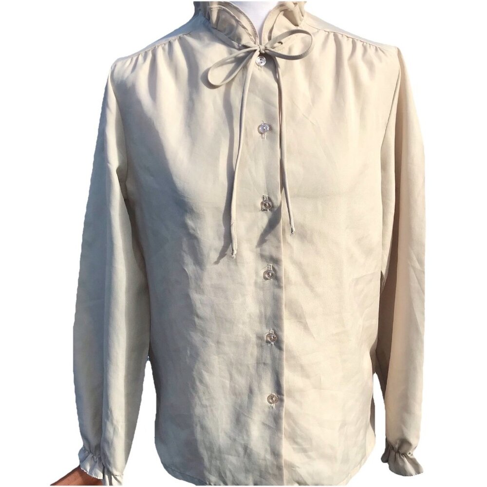 VTG 80s Womens 12 Med Sears Ribbon Preppy Long Sleeve Button Down Tan Blouse 70s